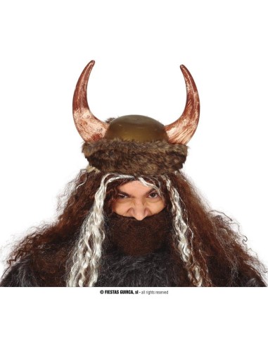 Cappello vichingo con corna ricurve, pelo e barba posticcia per costume medievale Halloween