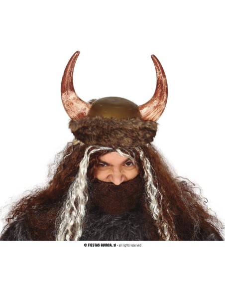 Cappello vichingo con corna ricurve, pelo e barba posticcia per costume medievale Halloween