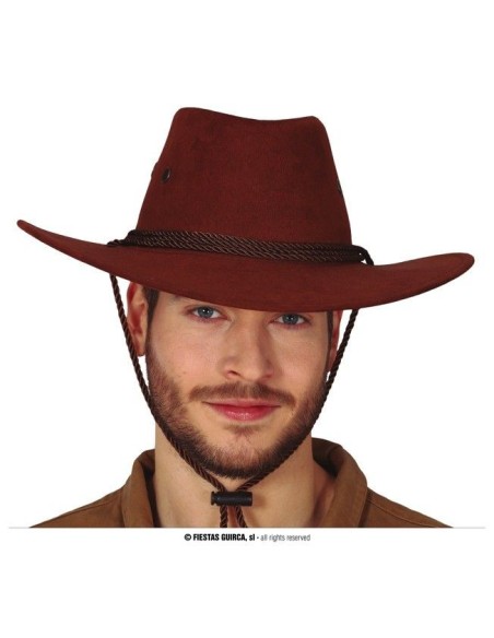Cappello cowboy marrone con fascia scura e cordino per costumi western Far West