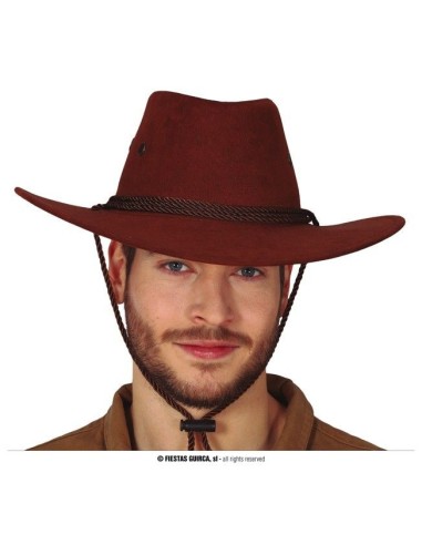 Cappello cowboy marrone con fascia scura e cordino per costumi western Far West