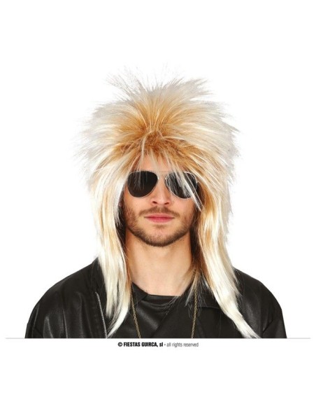 Parrucca bionda rock anni 80 con ciuffo voluminoso e capelli lunghi lisci per costume maschile