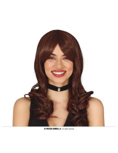 Parrucca donna capelli castani lunghi mossi con frangia per feste e travestimenti