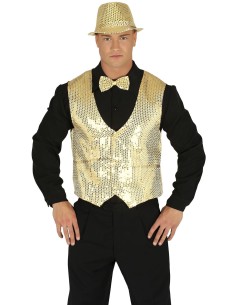 Gilet dorato con paillettes scintillanti indossato da uomo con cappello oro e papillon per feste glamour