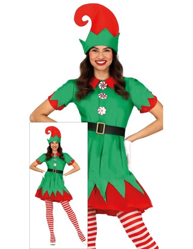 Costume folletto donna verde e rosso con cappello da elfo per feste natalizie