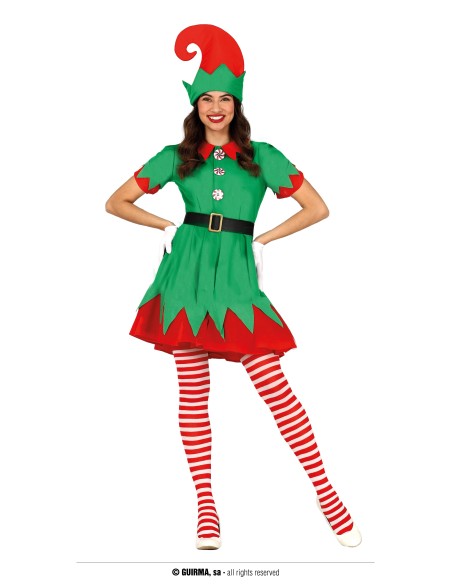 Costume folletto donna verde e rosso con cappello da elfo per feste natalizie