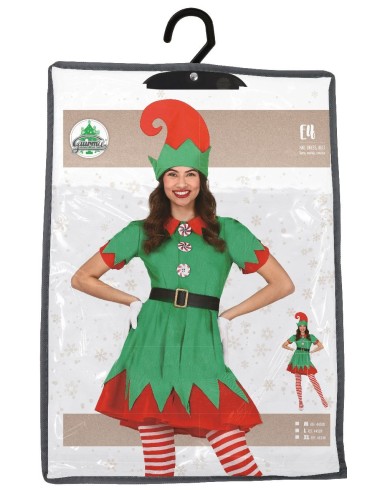 Costume folletto donna verde e rosso con cappello da elfo per feste natalizie