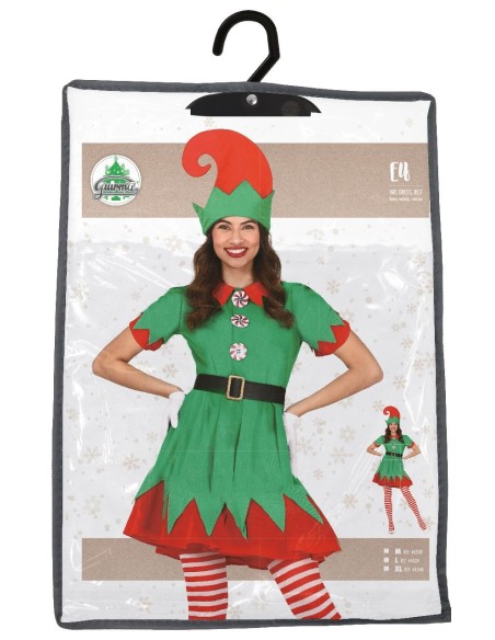 Costume folletto donna verde e rosso con cappello da elfo per feste natalizie