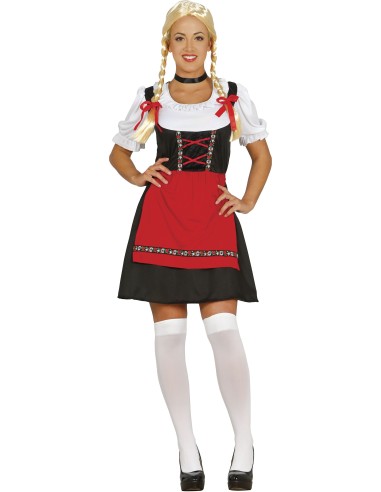 Costume Tirolese donna con corpetto nero, gonna rossa e camicia bianca tradizionale bavarese