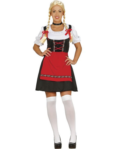 Costume Tirolese donna con corpetto nero, gonna rossa e camicia bianca tradizionale bavarese