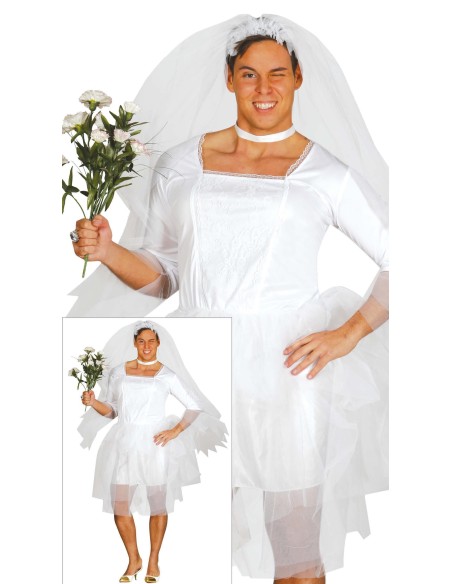 Costume sposa uomo con abito bianco, velo e bouquet per feste in maschera e travestimenti divertenti