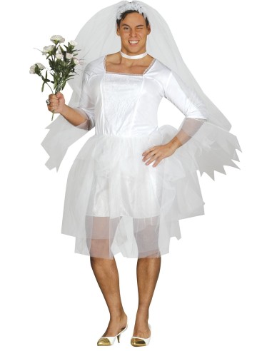 Costume sposa uomo con abito bianco, velo e bouquet per feste in maschera e travestimenti divertenti