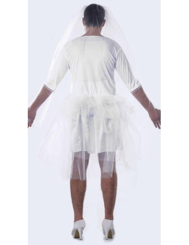 Costume sposa uomo con abito bianco, velo e bouquet per feste in maschera e travestimenti divertenti