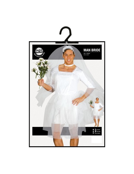Costume sposa uomo con abito bianco, velo e bouquet per feste in maschera e travestimenti divertenti