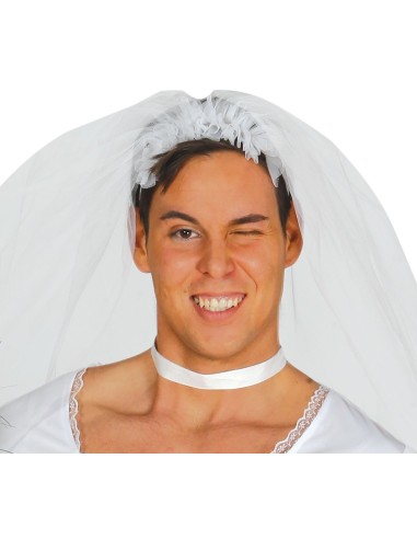 Costume sposa uomo con abito bianco, velo e bouquet per feste in maschera e travestimenti divertenti