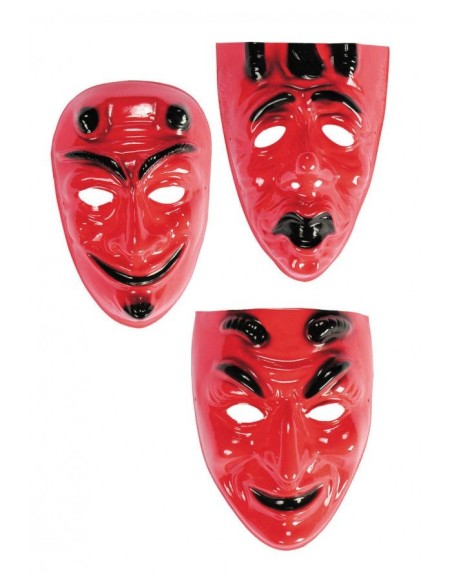 Tre maschere da diavolo rosse in plastica con dettagli neri e espressioni minacciose per Halloween
