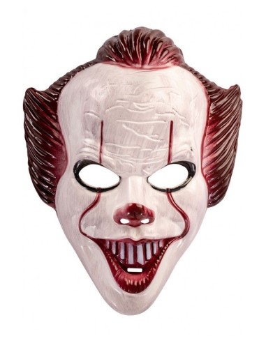 Maschera clown cattivo plastica bianca ghigno malefico capelli rossi Halloween horror