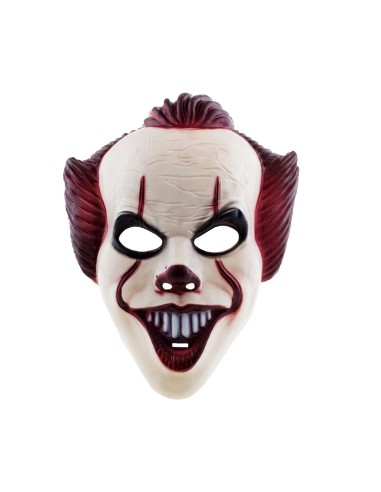 Maschera clown cattivo plastica bianca ghigno malefico capelli rossi Halloween horror
