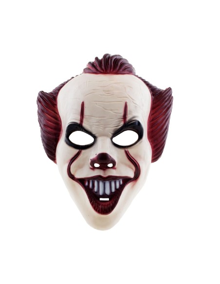 Maschera clown cattivo plastica bianca ghigno malefico capelli rossi Halloween horror