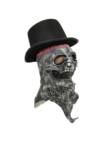 Maschera teschio in latex con cappello nero a cilindro per costume Halloween horror