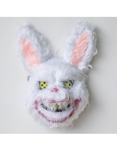 Maschera coniglio killer bianca con dettagli horror per Halloween e feste spaventose