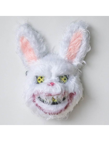 Maschera coniglio killer bianca con dettagli horror per Halloween e feste spaventose