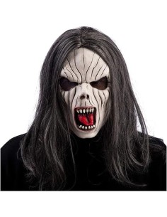 Maschera vampiro horror con capelli neri lunghi, denti rossi aguzzi e viso cadaverico per Halloween