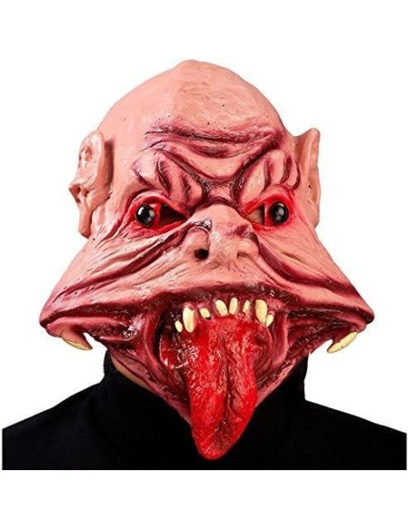 Maschera latex mostro rosso con lingua sporgente e denti aguzzi per Halloween horror