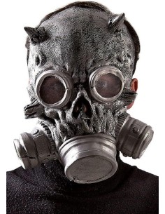 Maschera antigas grigia in latex con filtri laterali e oculari per costume Halloween horror post-apocalittico