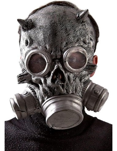 Maschera antigas grigia in latex con filtri laterali e oculari per costume Halloween horror post-apocalittico