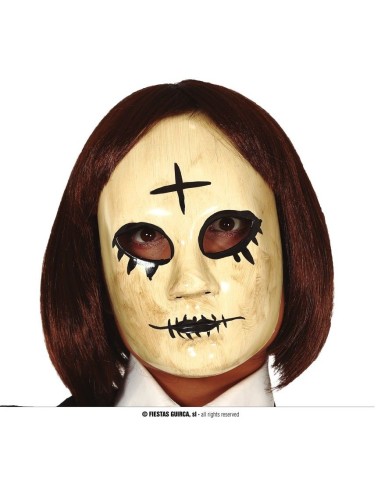 Maschera horror donna PVC con croce sulla fronte e capelli castani per Halloween