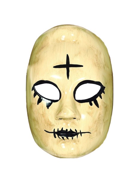 Maschera horror donna PVC con croce sulla fronte e capelli castani per Halloween