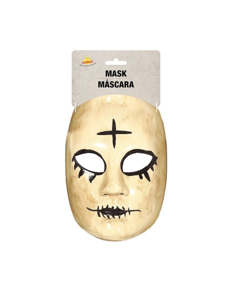 Maschera horror donna PVC con croce sulla fronte e capelli castani per Halloween