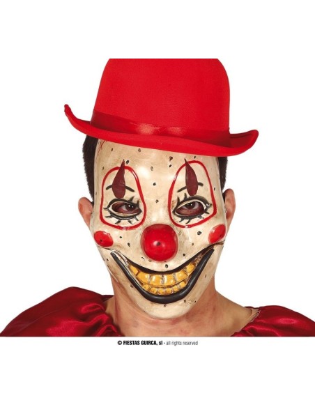 Maschera clown horror PVC con sorriso malefico naso rosso e cappello rosso per Halloween