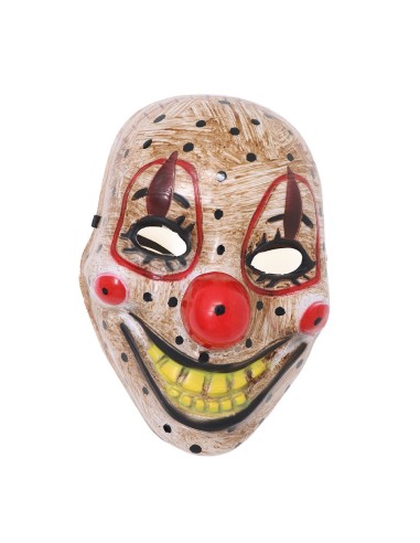 Maschera clown horror PVC con sorriso malefico naso rosso e cappello rosso per Halloween