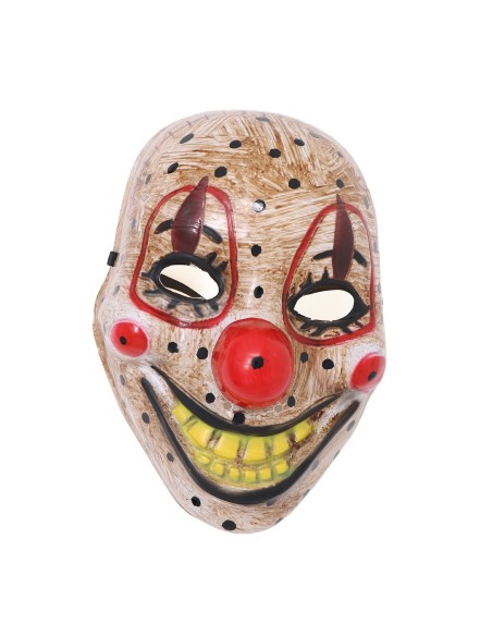 Maschera clown horror PVC con sorriso malefico naso rosso e cappello rosso per Halloween