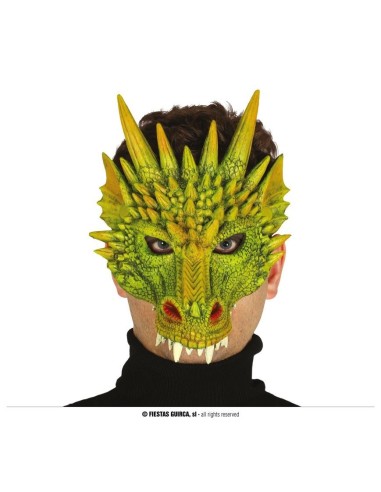 Maschera drago verde e oro mezzo viso in lattice con spuntoni e squame per feste Halloween