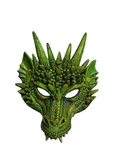 Maschera drago verde e oro mezzo viso in lattice con spuntoni e squame per feste Halloween