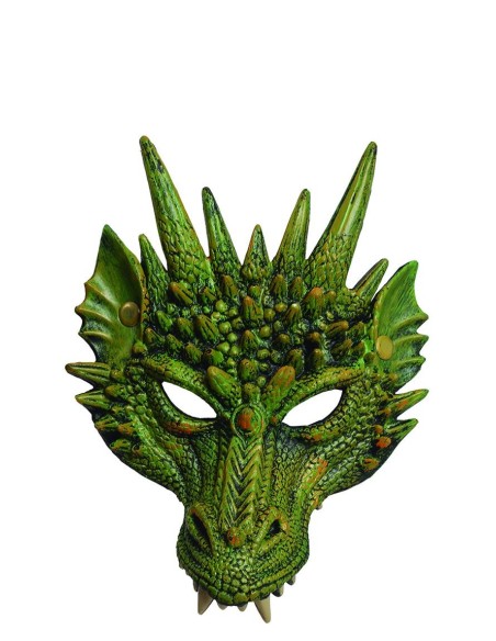 Maschera drago verde e oro mezzo viso in lattice con spuntoni e squame per feste Halloween