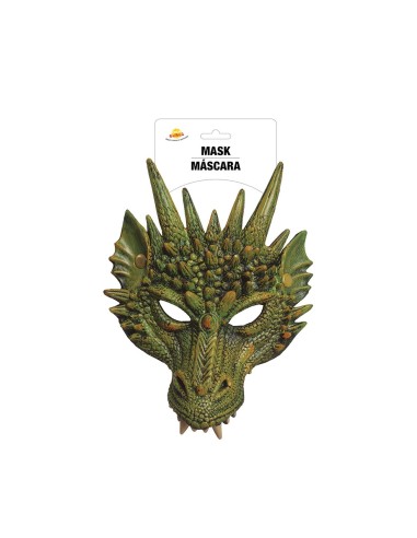 Maschera drago verde e oro mezzo viso in lattice con spuntoni e squame per feste Halloween