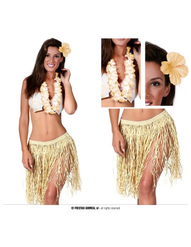 Set costume hawaiano con collana lei bianca, gonna paglia dorata e fiore per capelli giallo