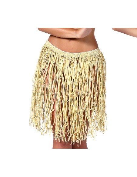 Set costume hawaiano con collana lei bianca, gonna paglia dorata e fiore per capelli giallo