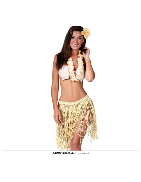 Set costume hawaiano con collana lei bianca, gonna paglia dorata e fiore per capelli giallo