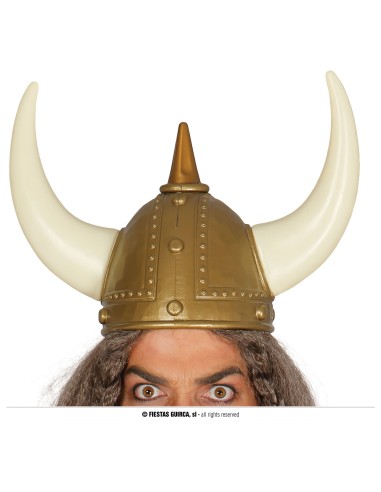 Elmo vichingo bronzo con corna bianche curve e borchie decorative per travestimenti medievali