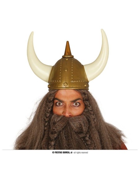 Elmo vichingo bronzo con corna bianche curve e borchie decorative per travestimenti medievali