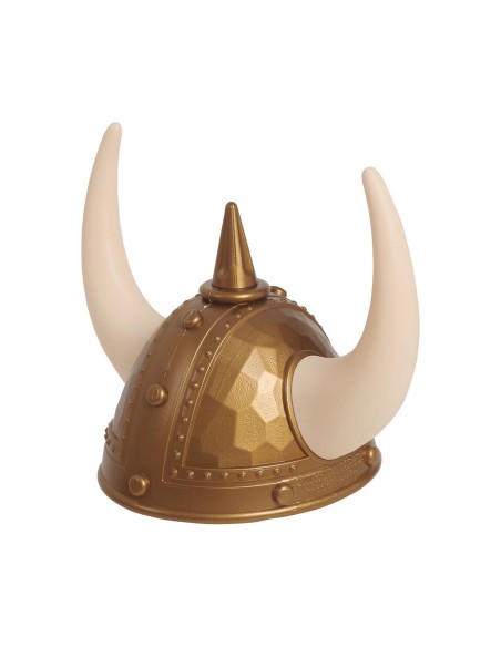 Elmo vichingo bronzo con corna bianche curve e borchie decorative per travestimenti medievali