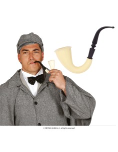 Pipa curva 18 cm color avorio con bocchino nero per costumi detective e travestimenti d'epoca