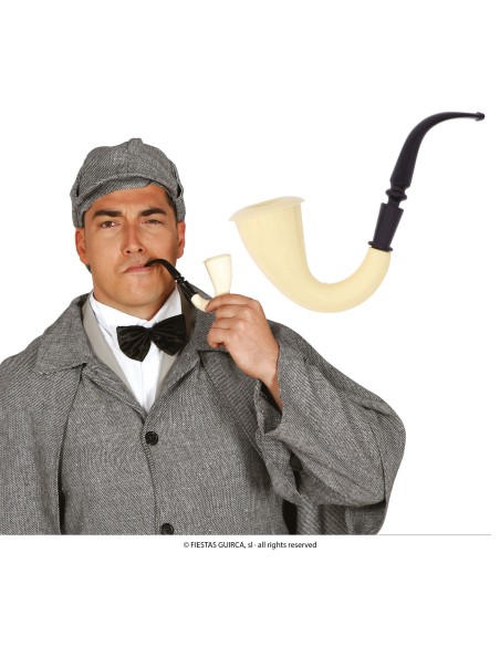 Pipa curva 18 cm color avorio con bocchino nero per costumi detective e travestimenti d'epoca