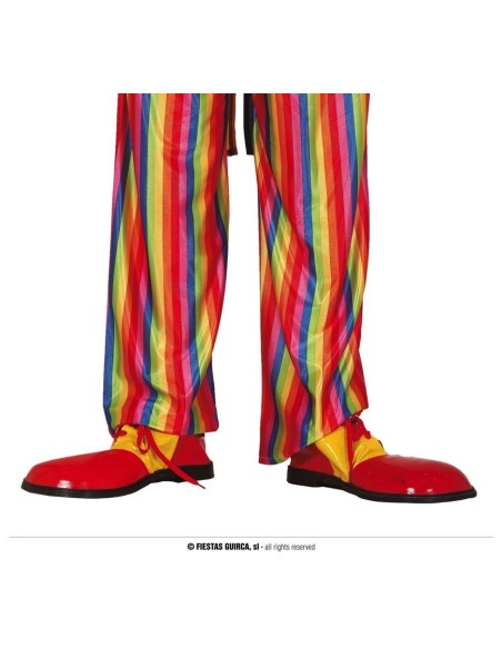 Scarpe da clown oversize rosse e gialle con lacci per costumi di Carnevale e feste a tema circo