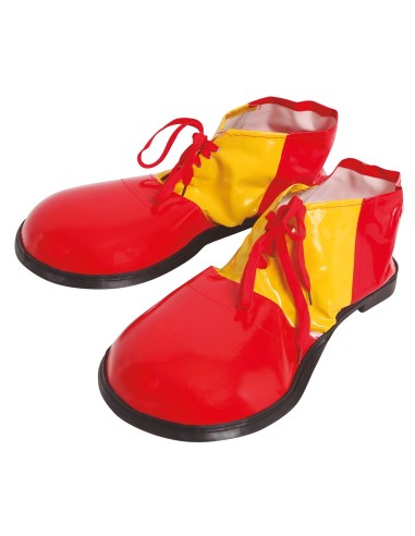 Scarpe da clown oversize rosse e gialle con lacci per costumi di Carnevale e feste a tema circo