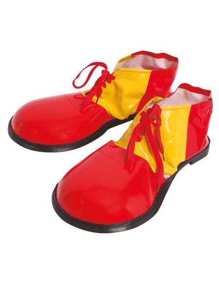 Scarpe da clown oversize rosse e gialle con lacci per costumi di Carnevale e feste a tema circo